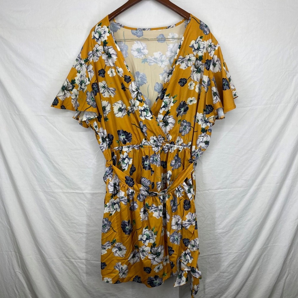 Mustard Yellow Floral Wrap Romper Plus Size 2XL V-Neck Flutter Sleeve Playsuit